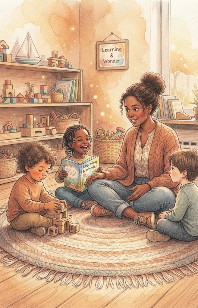 A LifeLab Kids therapist reading and playing with three children